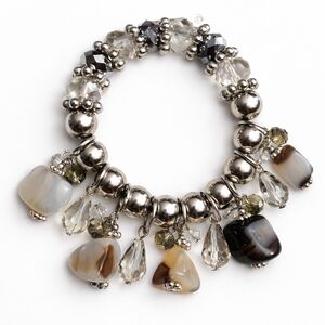 Silver and Brown Beaded Bracelet Stretchy Nwt